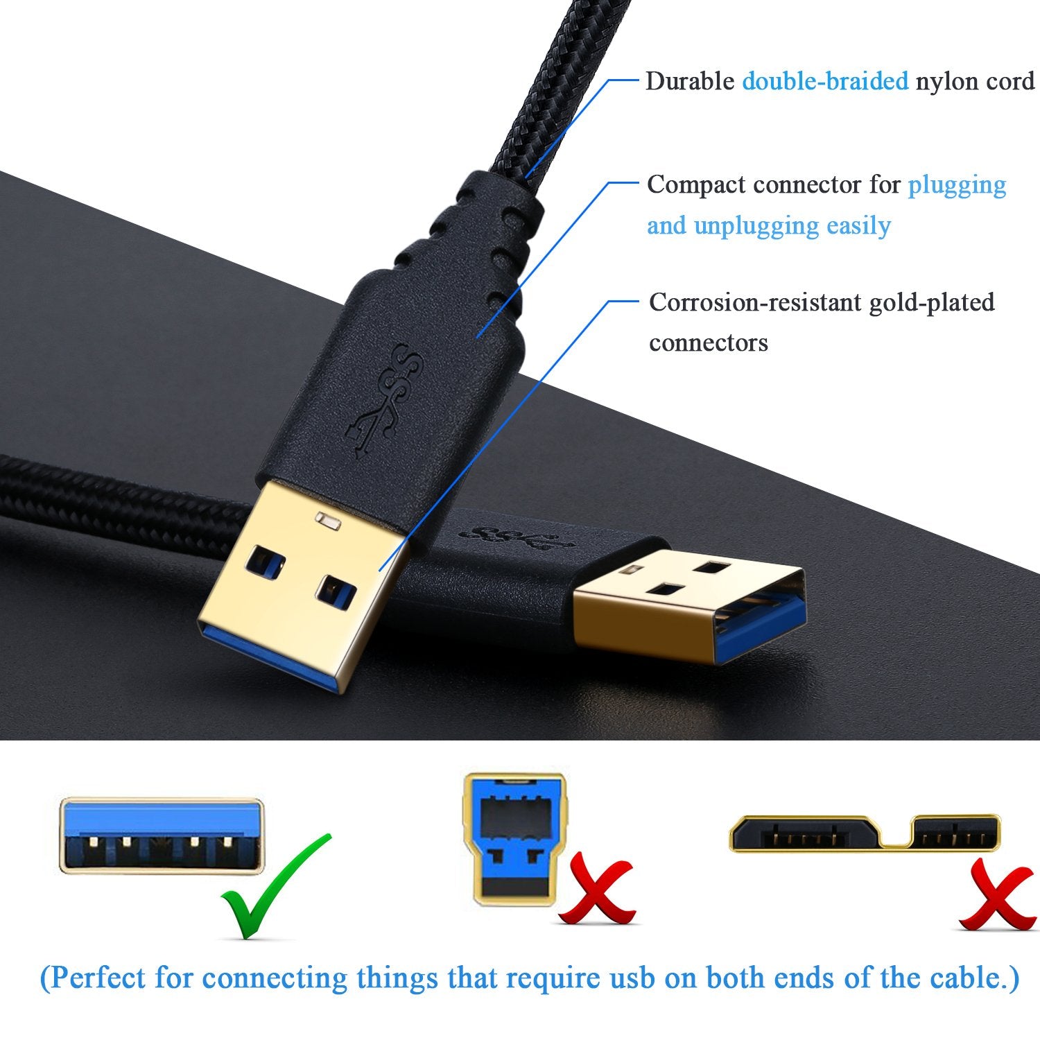 USB 3.0 Cable Male to Male, 2-Pack Braided 6Ft USB to USB Cable Type a Male Double End USB Cord Compatible Hard Drive Enclosures, DVD Player, Laptop Cooler - Black …