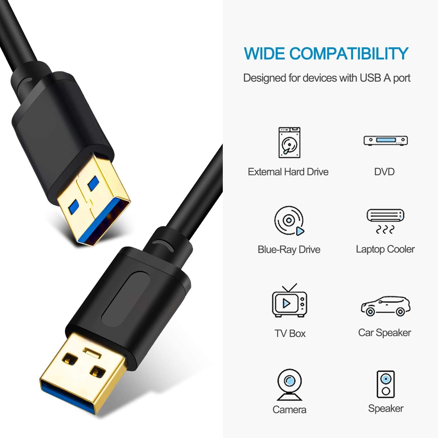 High-Speed 3Ft USB 3.0 Male to Male Cable with Gold-Plated Connectors - Perfect for Hard Drives, DVD Players, and Laptop Coolers